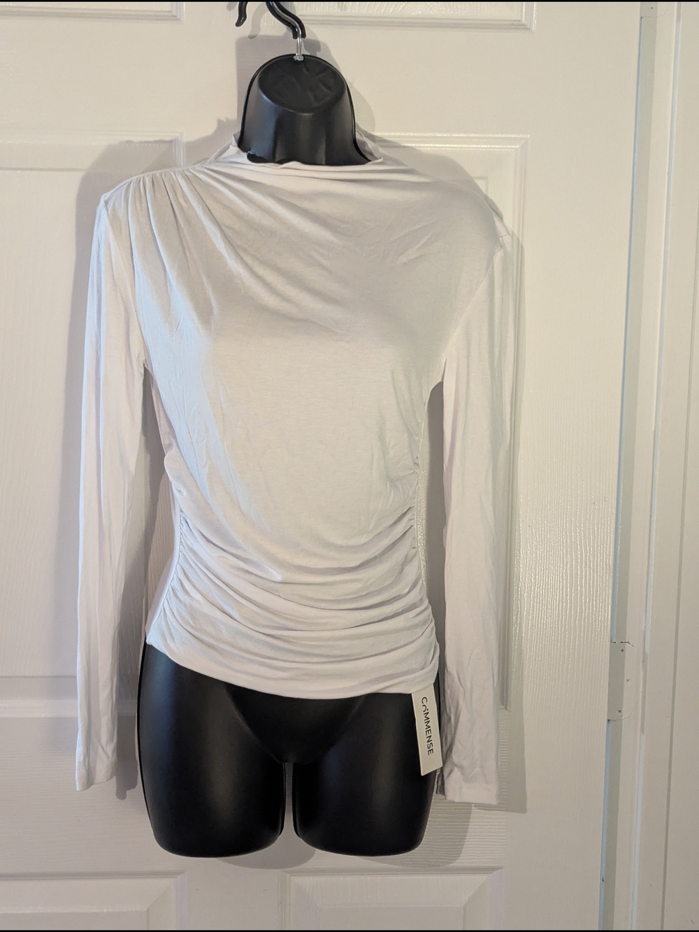 Commense White Asymmetrical Ruched Long Sleeve Top NWT Size M